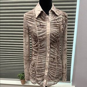 SHEIN Beige Marble Print Ruched Button-Down Shirt